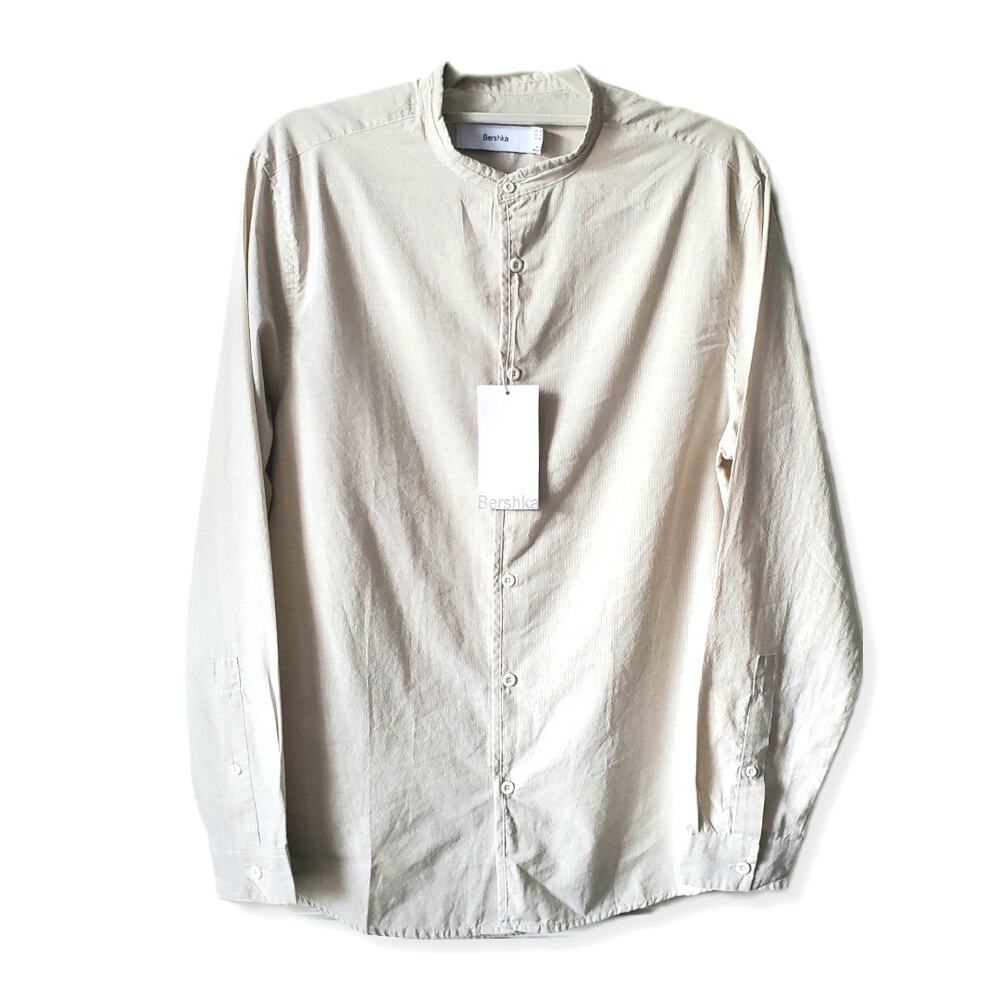 Women Beige Textured Button Shirt M Minimalist Neutral Lagenlook Basic Career